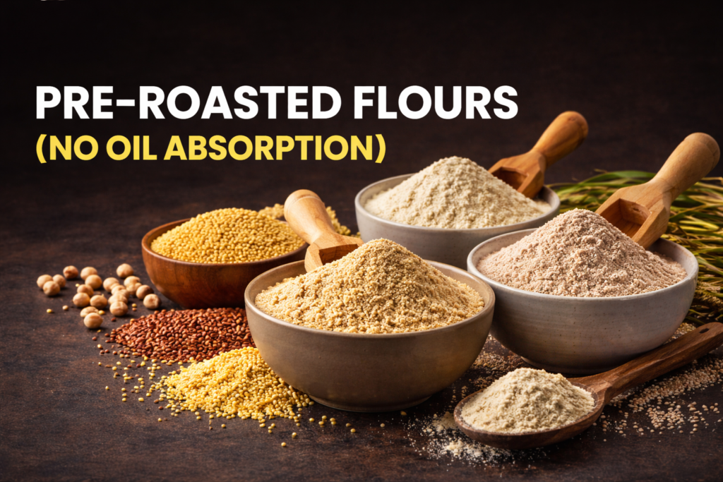 Bowls of pre-roasted flours and grains